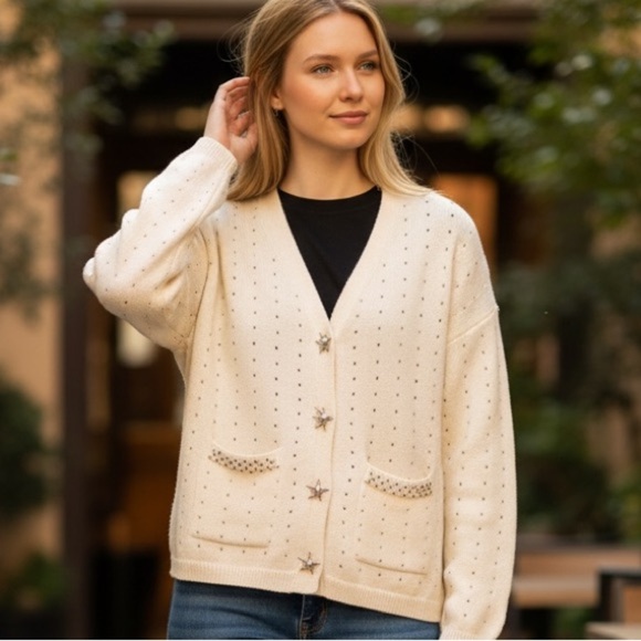 Black Tape_ Sweaters - Black Tape Cream Star Button Cardigan - Casual Date- Size M